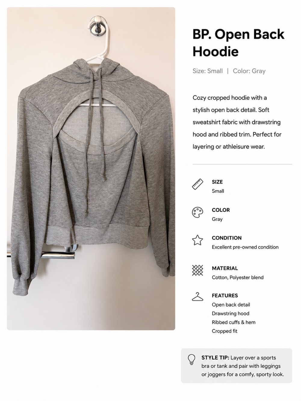 bp Gray Cropped Open-Back Hoodie